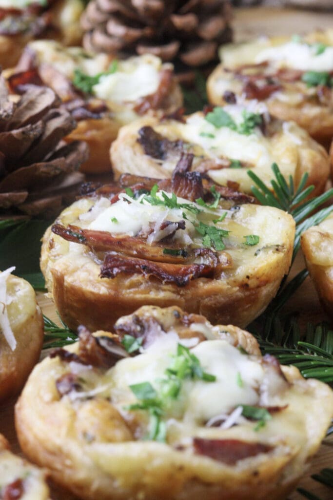 Freshly made saffron milk cap tartlets with cheese and lactarius deliciosus mushrooms